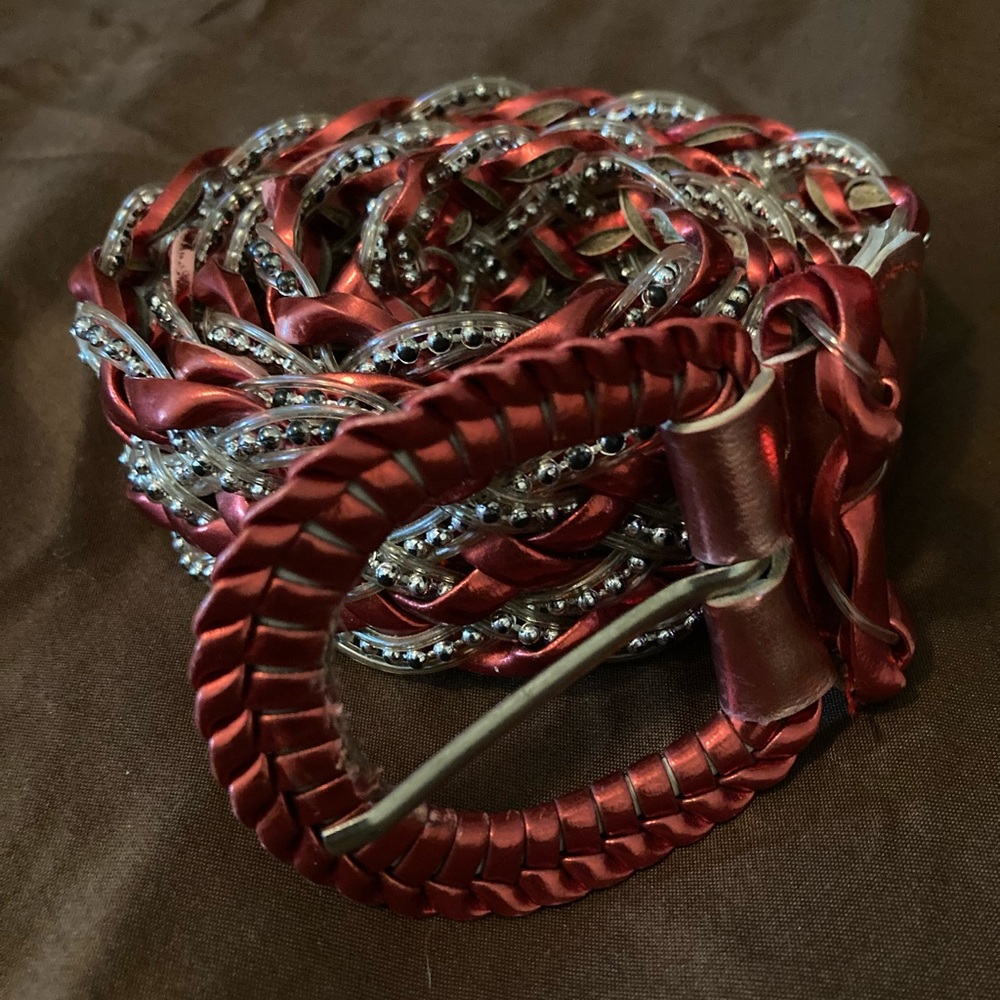 Vintage 80s red and silver braided leather wide style belt